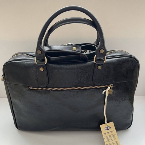 Floto Venezia Women Black Leather Boston Briefcase Attached Laptop Case w/ Strap - Picture 8 of 16